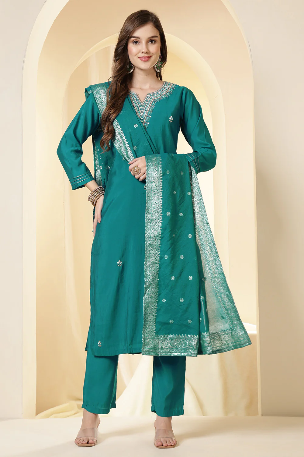 Teal Silk Embroidered Suit Set - Image 5