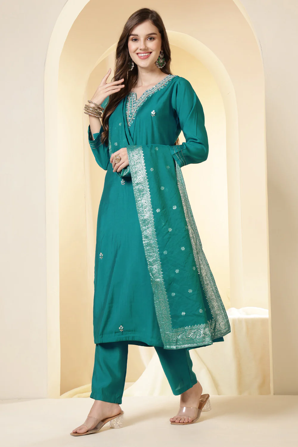 Teal Silk Embroidered Suit Set - Image 6
