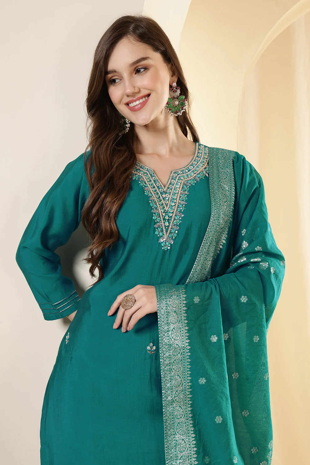 Teal Silk Embroidered Suit Set - Image 7