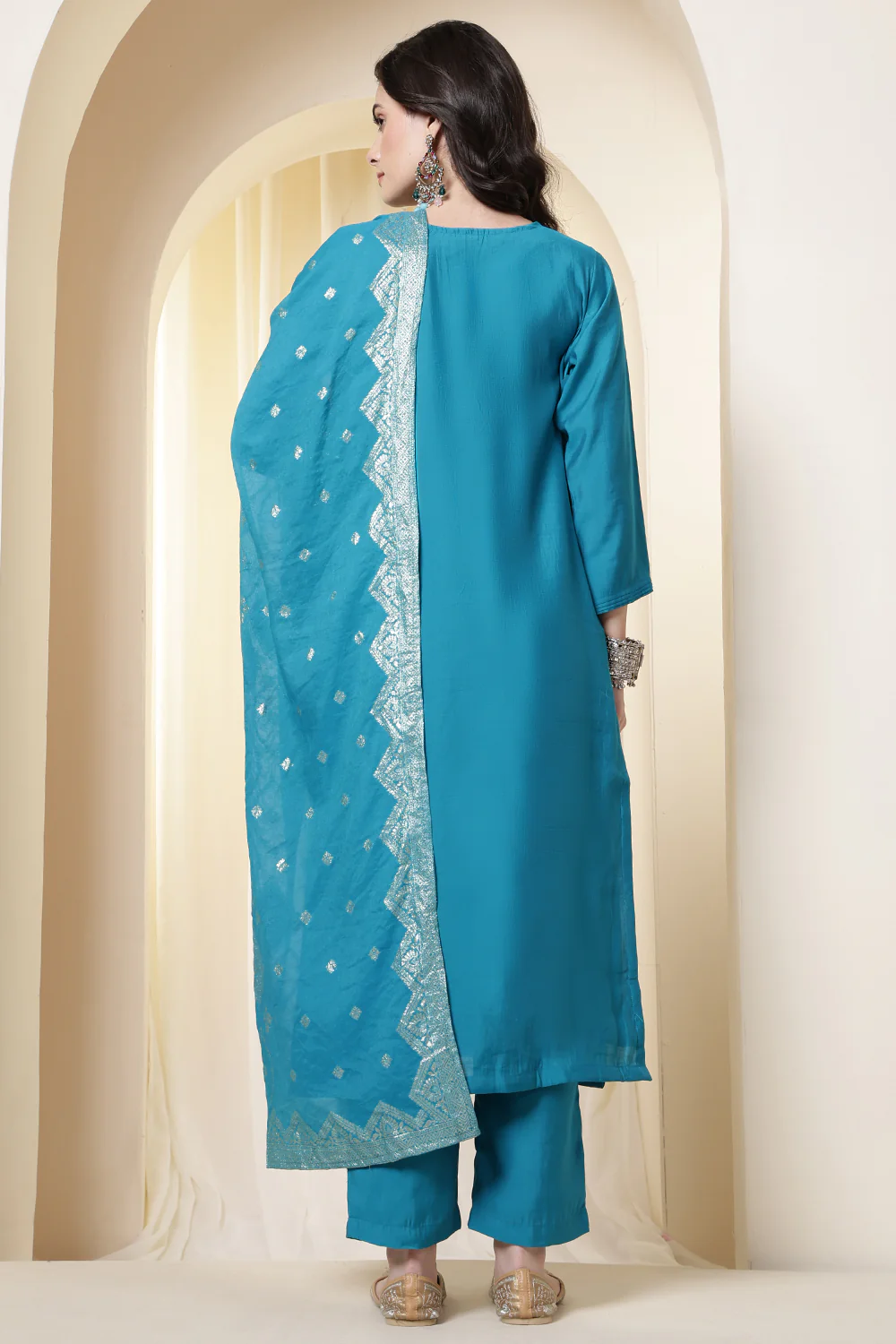Purple Silk Neck Embroidered Suit Set With Woven Dupatta - Image 3
