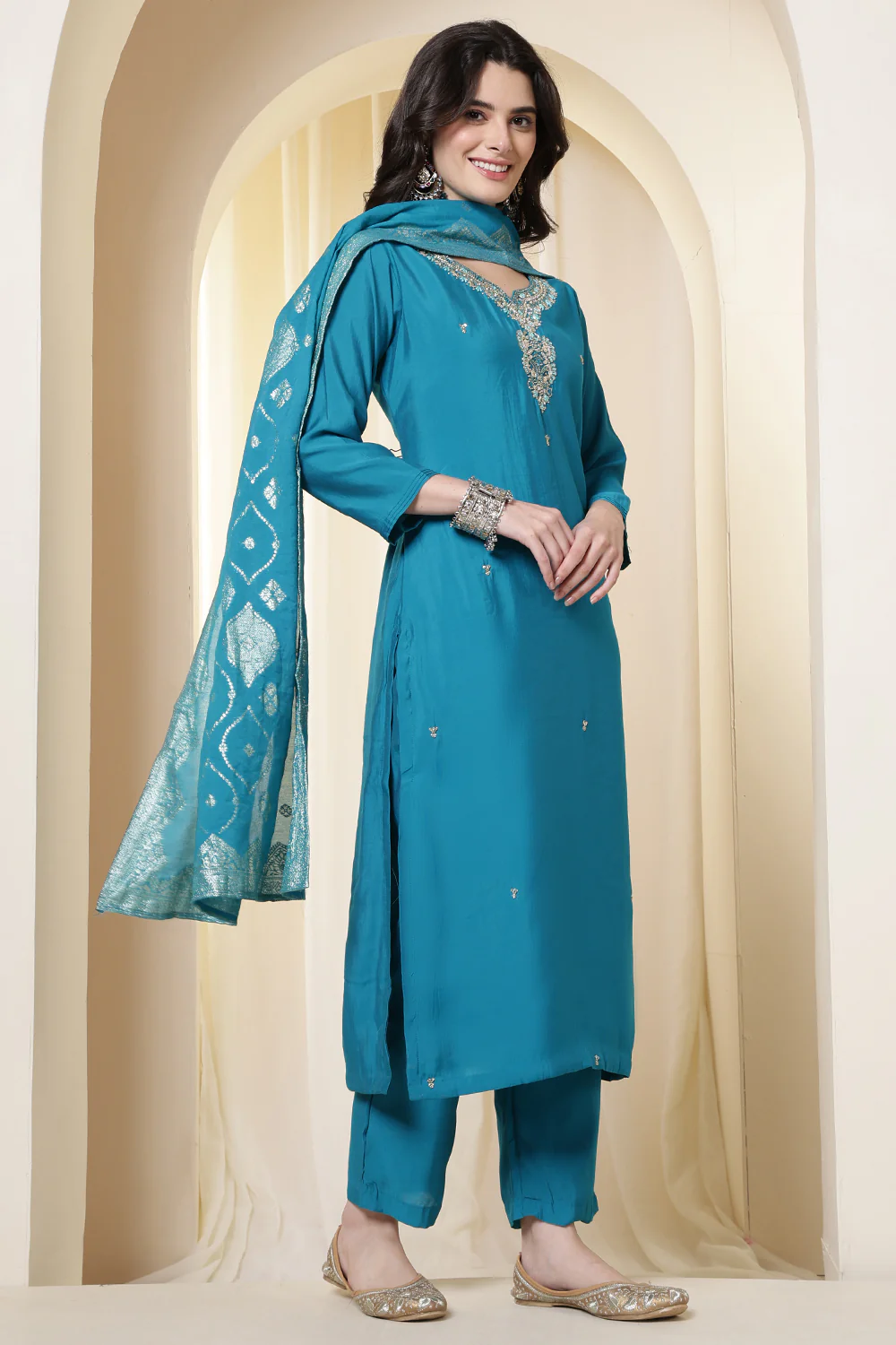 Purple Silk Neck Embroidered Suit Set With Woven Dupatta - Image 4