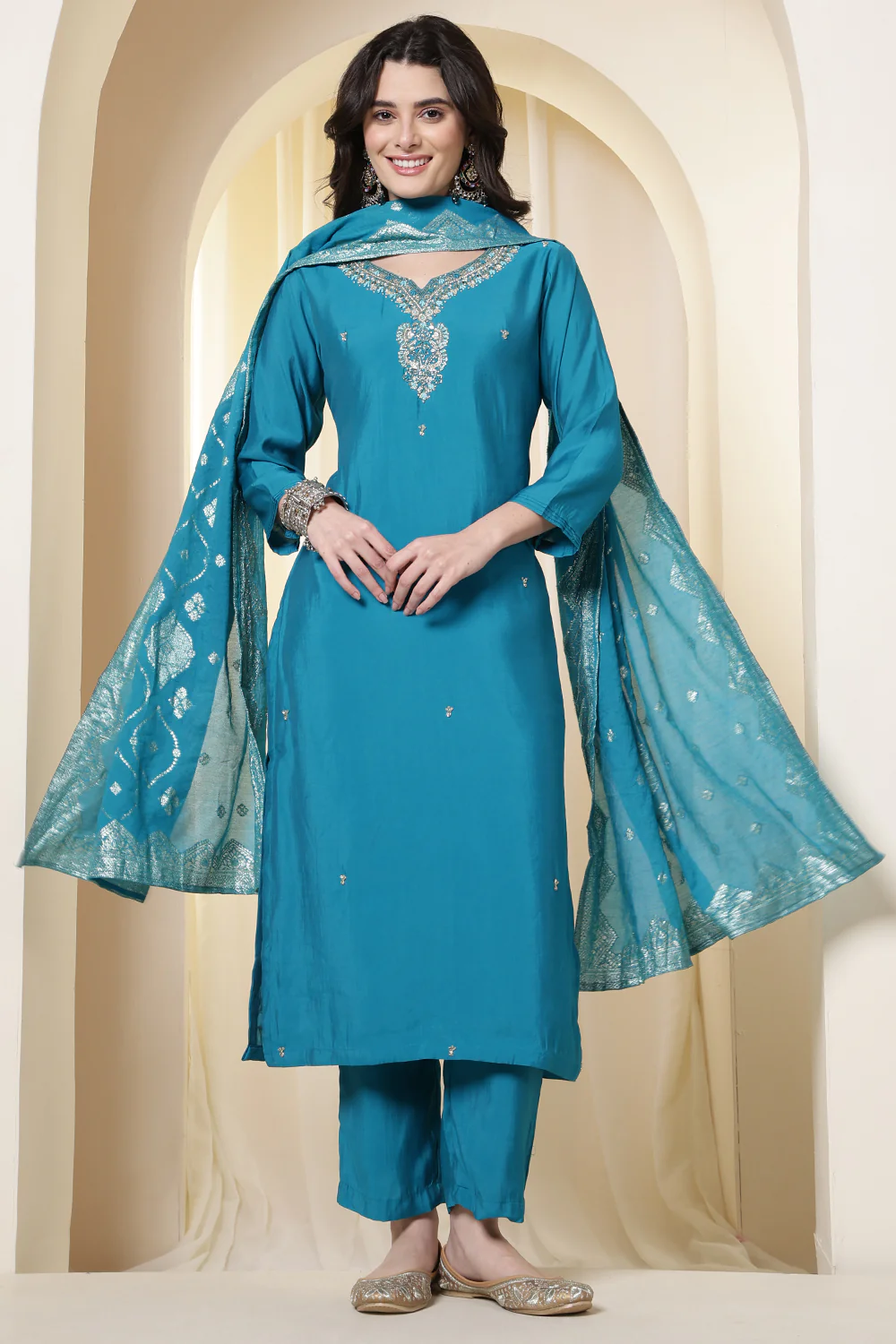 Purple Silk Neck Embroidered Suit Set With Woven Dupatta - Image 5