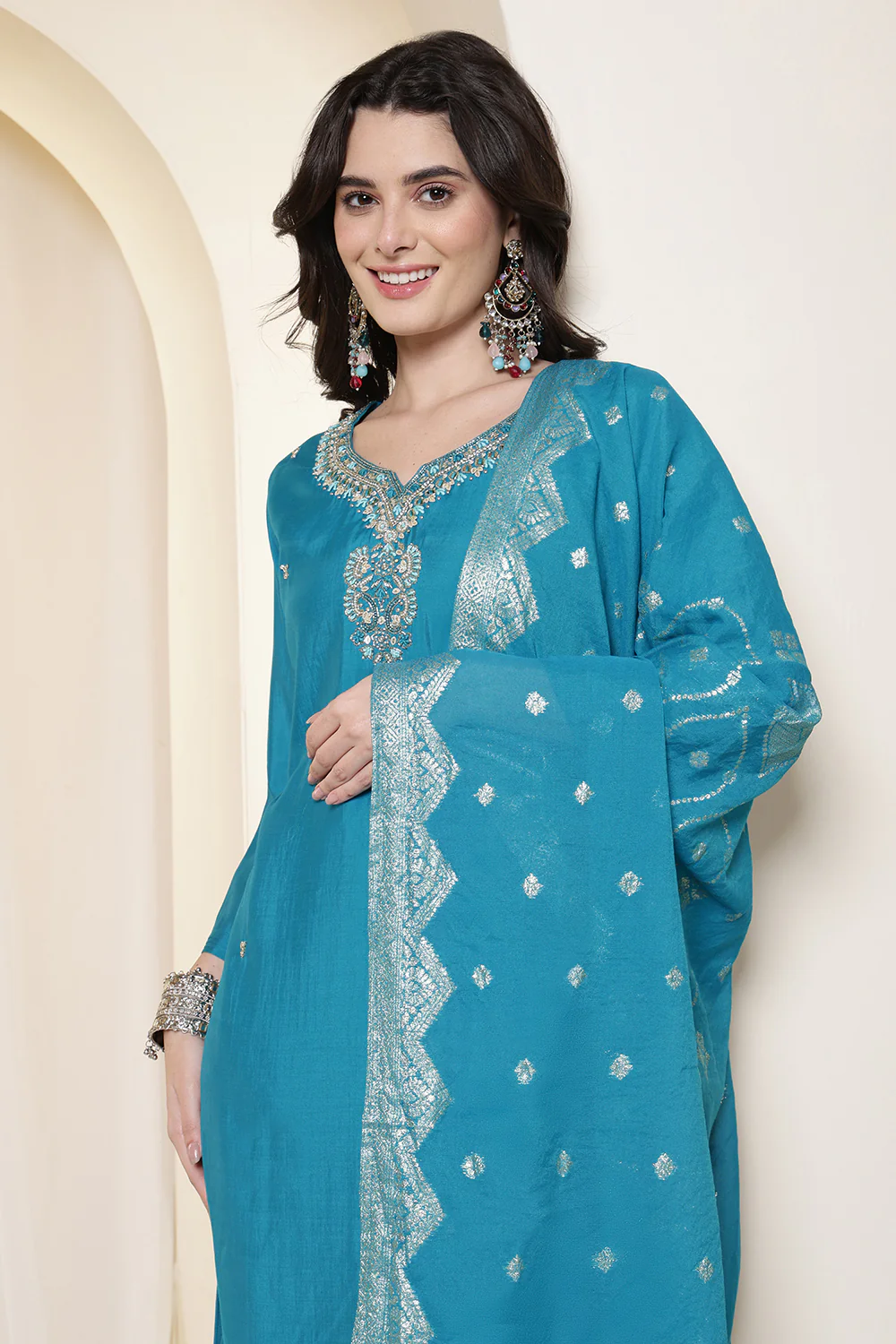 Purple Silk Neck Embroidered Suit Set With Woven Dupatta - Image 6