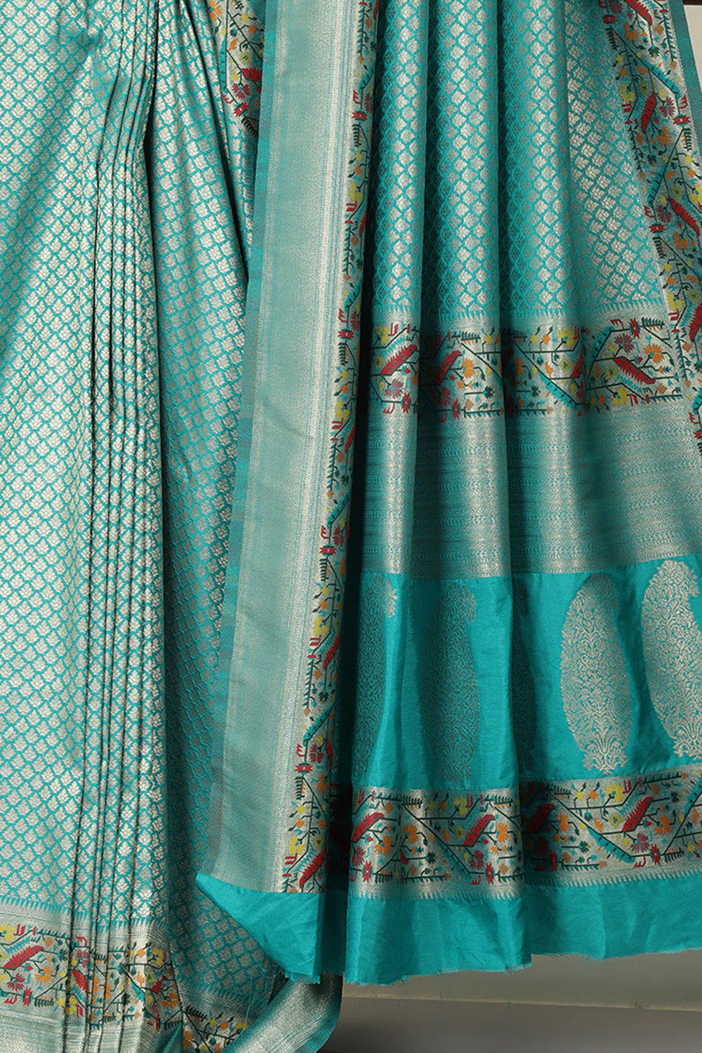 Teal Silk Zari and Resham Woven Paithani Work Saree - Image 3