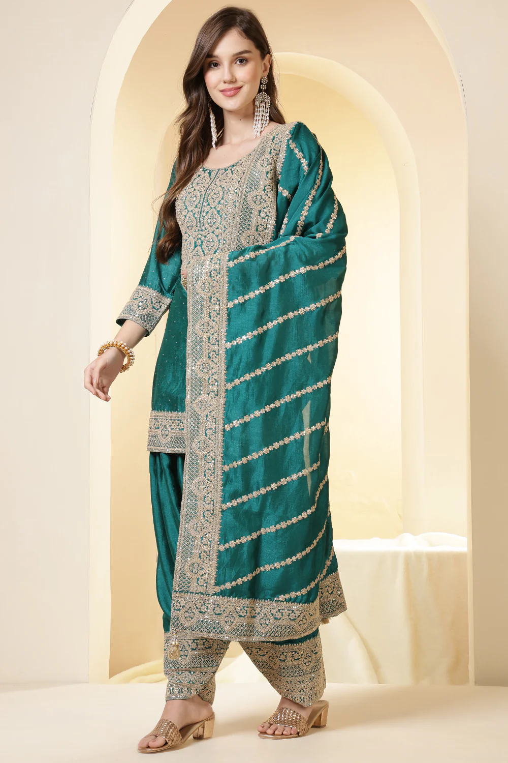 Teal Silk Zari Embroidered Suit With Farsi Salwar - Image 2