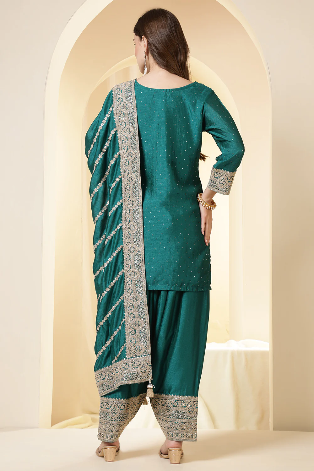 Teal Silk Zari Embroidered Suit With Farsi Salwar - Image 3