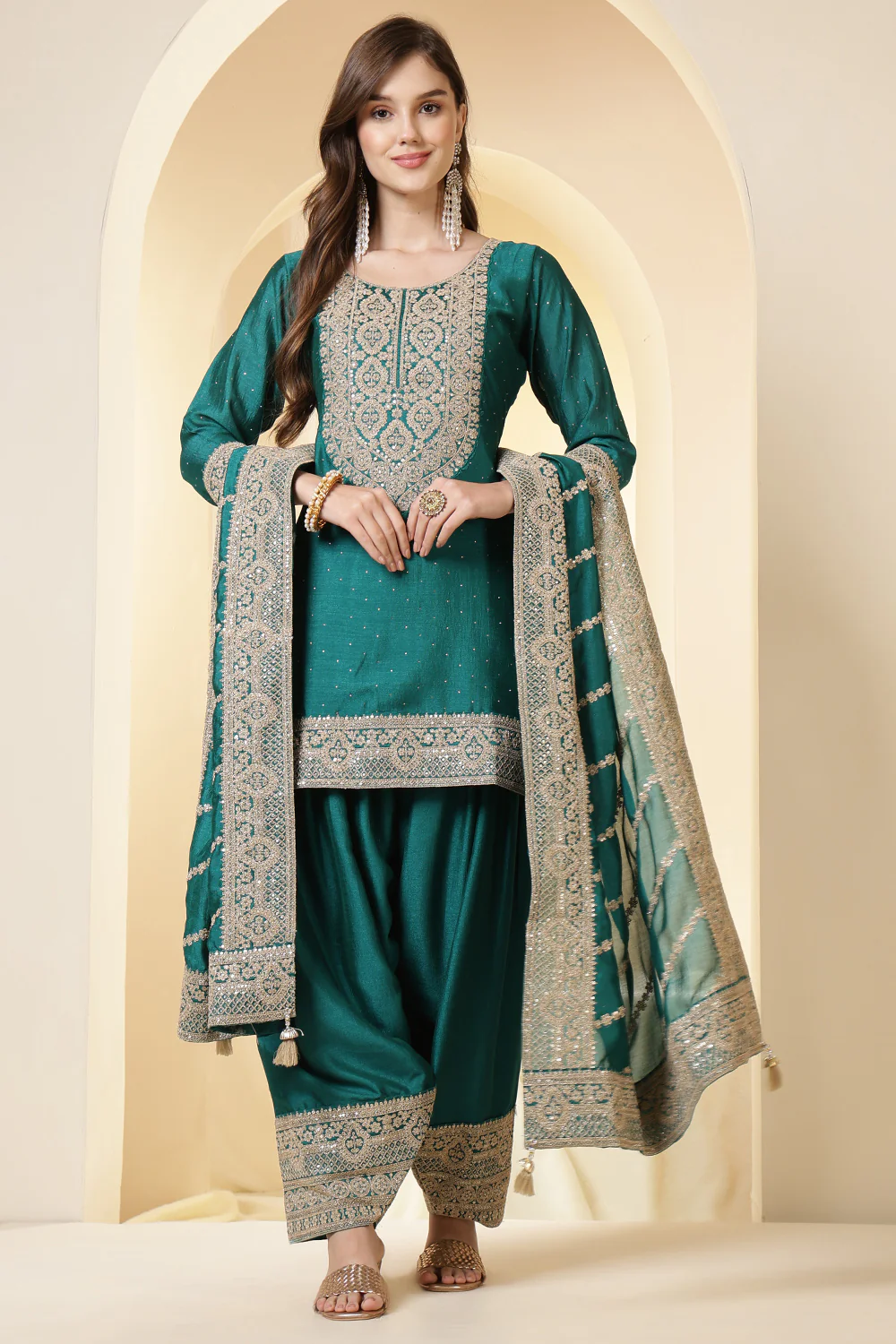 Teal Silk Zari Embroidered Suit With Farsi Salwar - Image 5