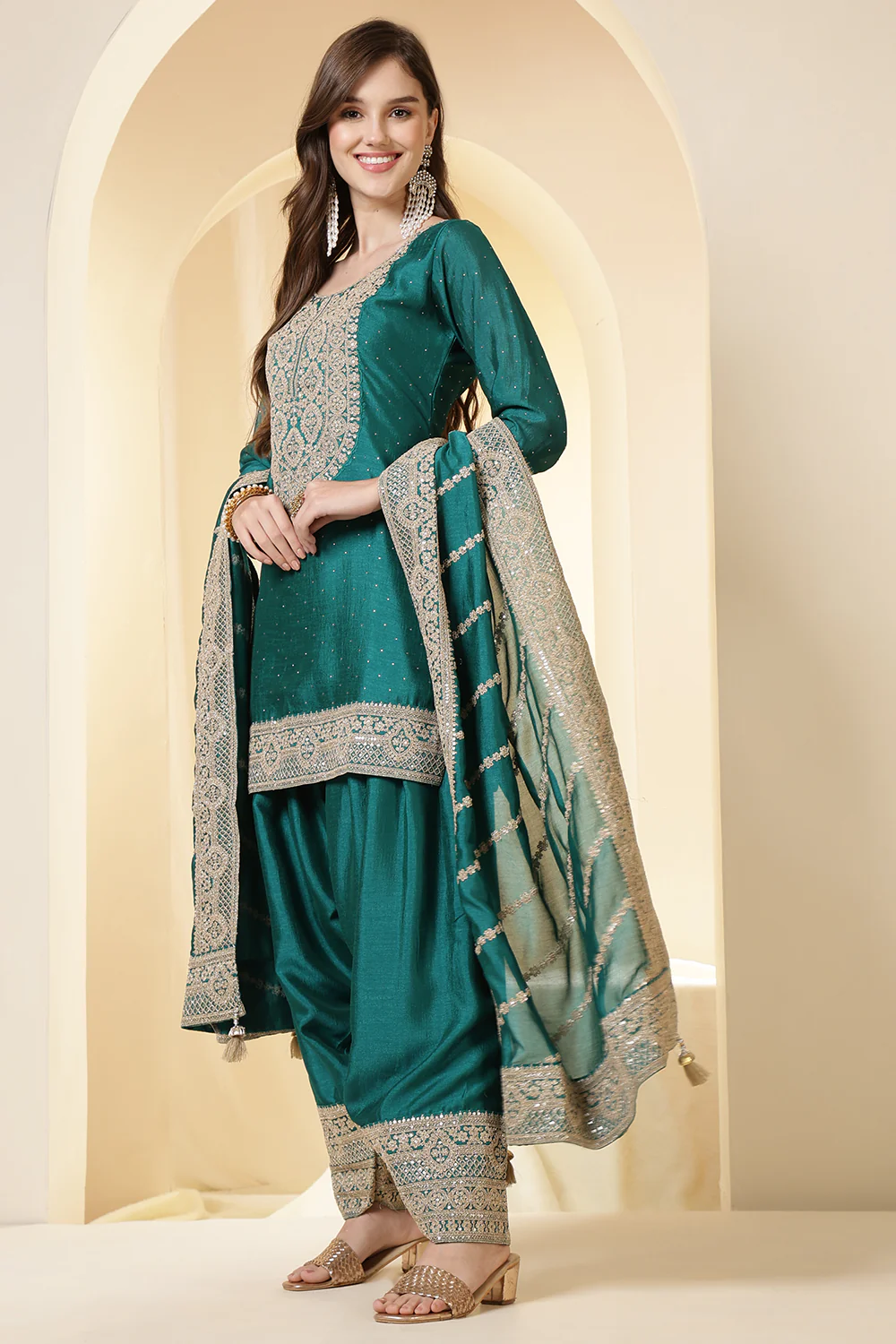 Teal Silk Zari Embroidered Suit With Farsi Salwar - Image 6
