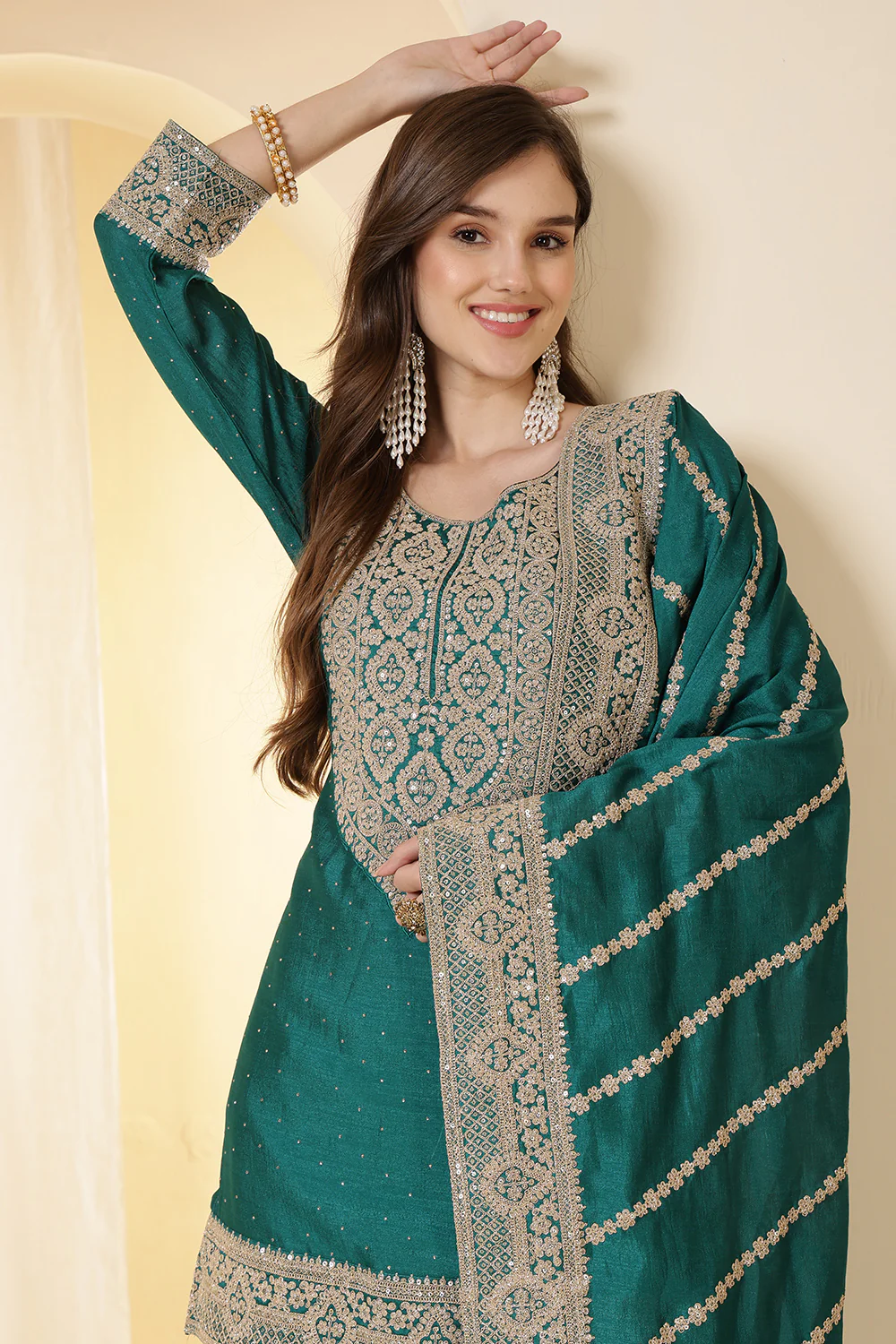 Teal Silk Zari Embroidered Suit With Farsi Salwar - Image 7