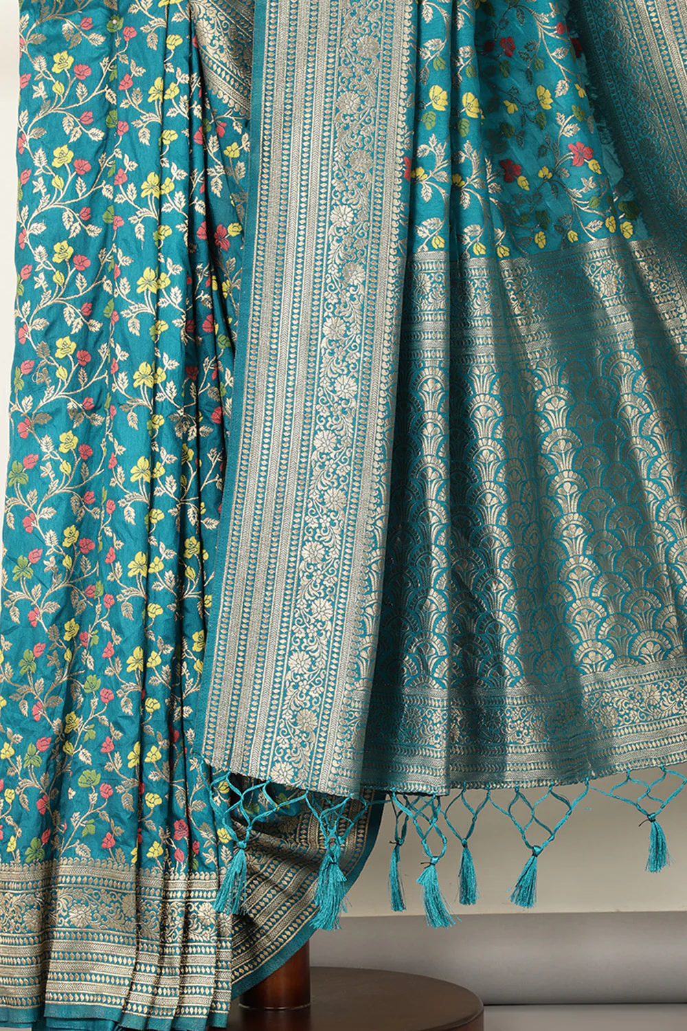 Teal Silk Zari & Resham Woven Saree - Image 4