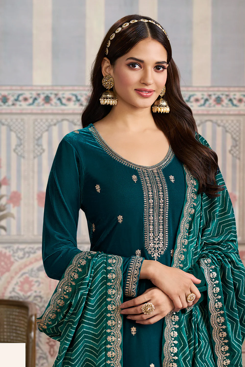 Teal Velvet Sequins and Zari Embroidered Unstitched Suit Fabric - Image 2