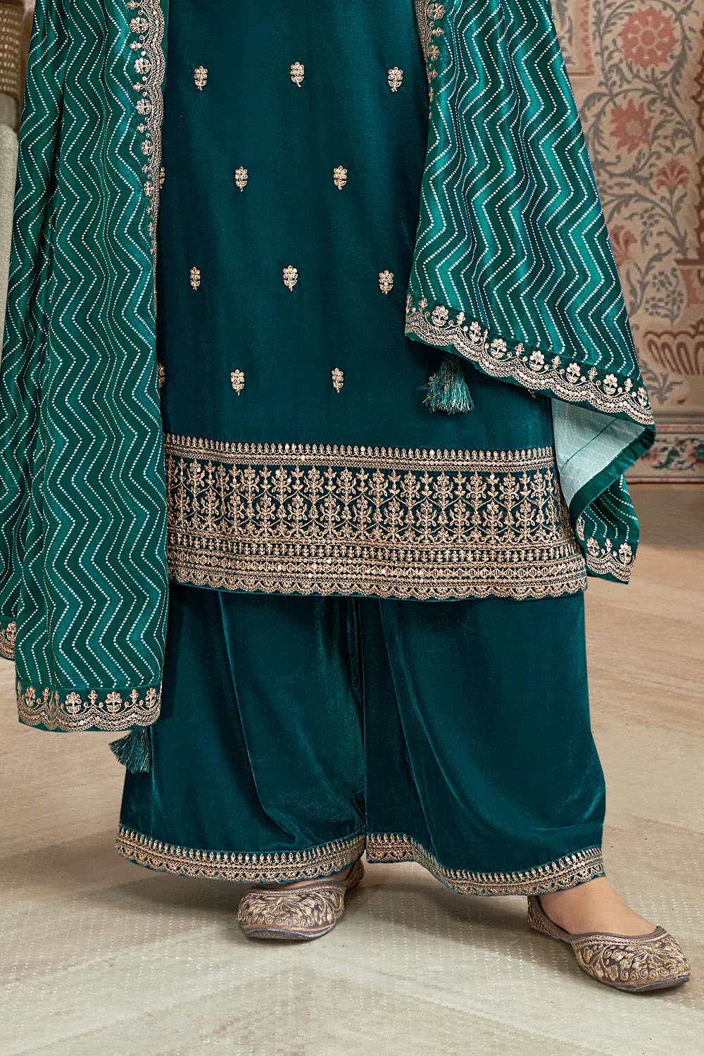 Teal Velvet Sequins and Zari Embroidered Unstitched Suit Fabric - Image 4