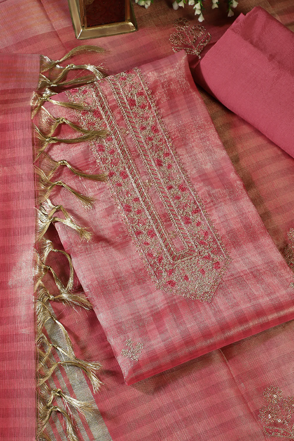 Tulip Pink Tissue Silk Zari And Resham Embroidered Unstitched Suit Material - Image 3