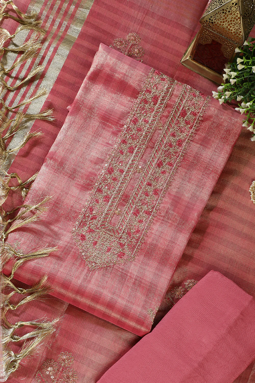 Tulip Pink Tissue Silk Zari And Resham Embroidered Unstitched Suit Material - Image 4