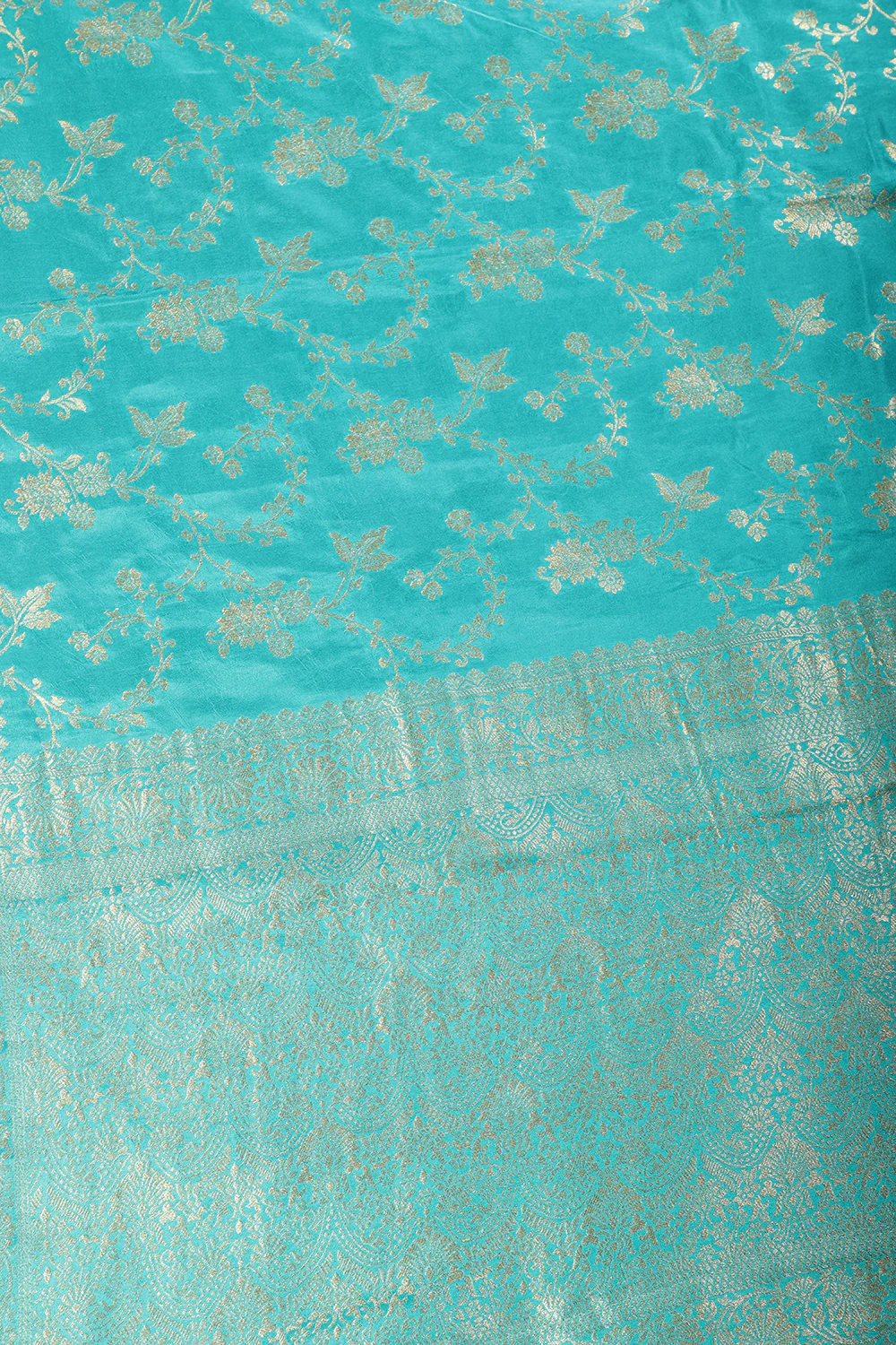 Turquoise Banarasi Silk Zari Floral Zaal Woven Saree - Image 2