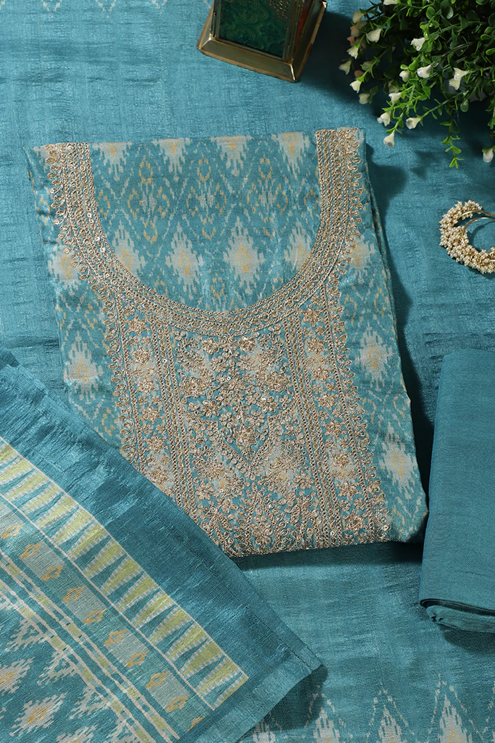 Turquoise Chanderi Silk Neck Embroidered Unstitched Suit Material - Image 2