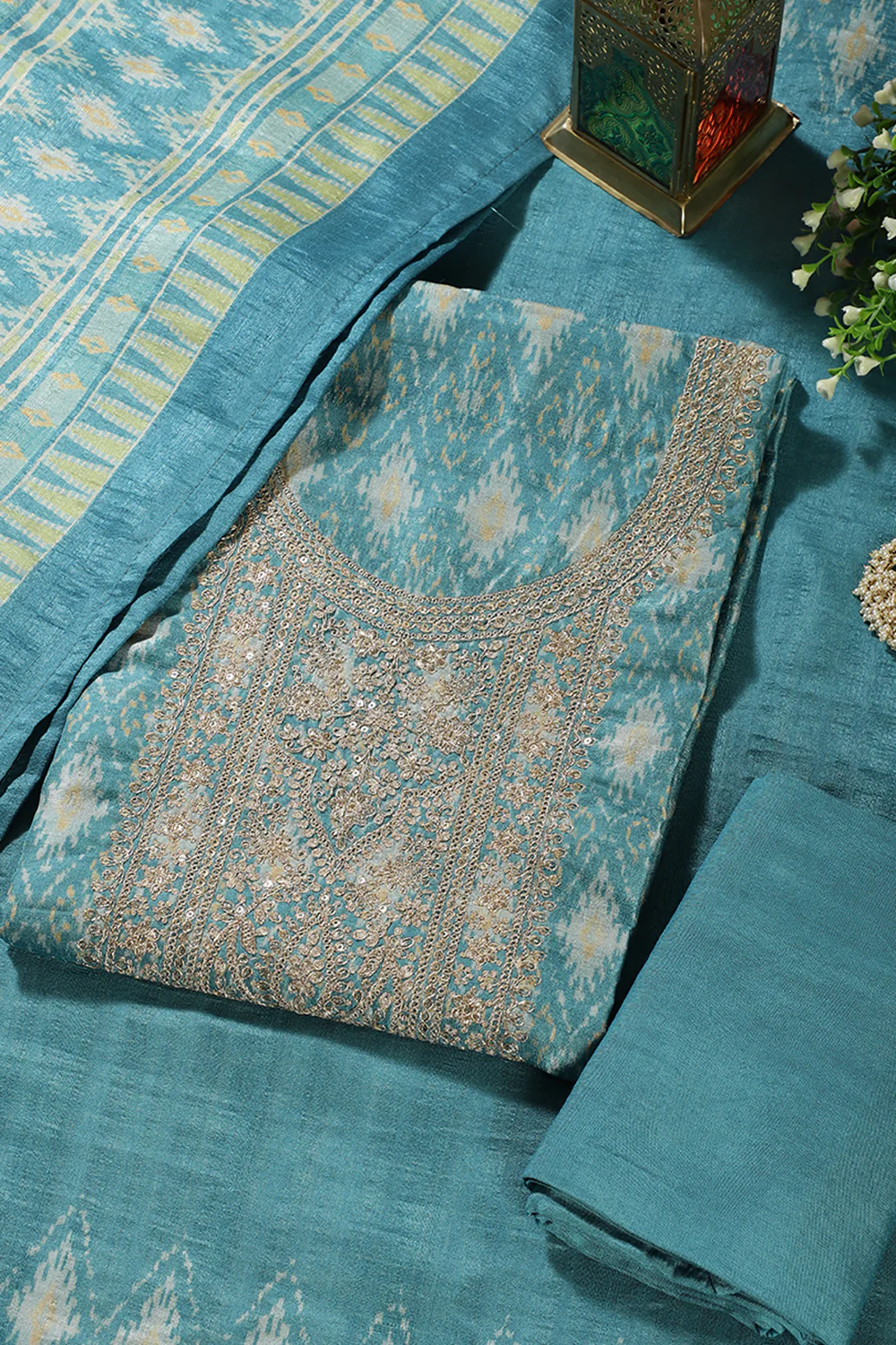 Turquoise Chanderi Silk Neck Embroidered Unstitched Suit Material - Image 3