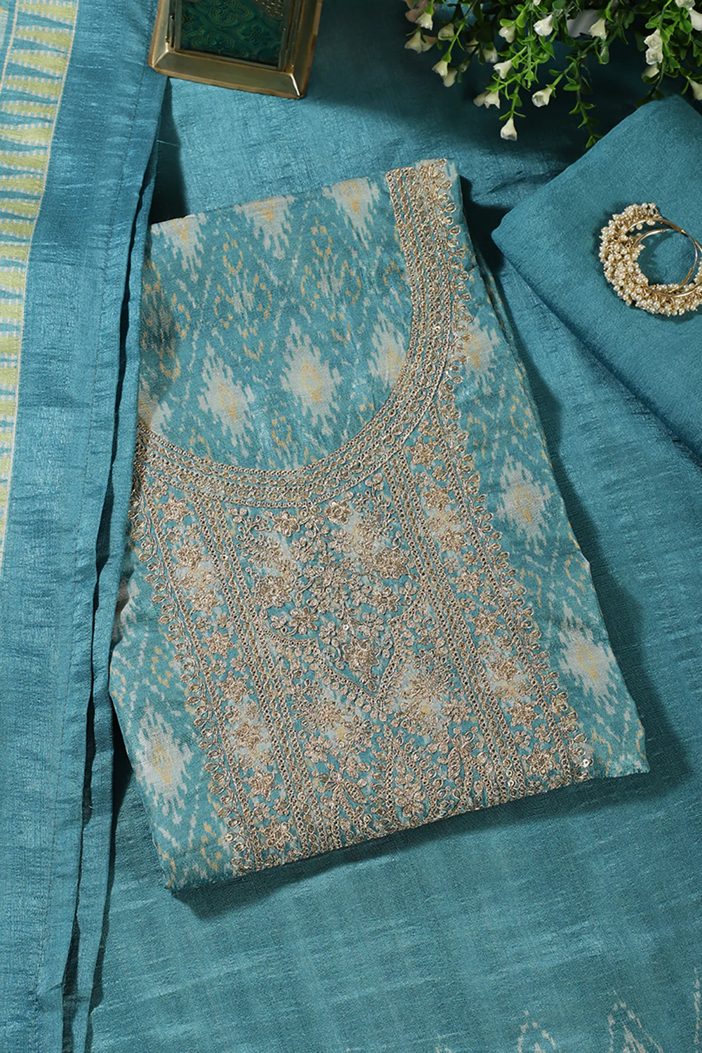 Turquoise Chanderi Silk Neck Embroidered Unstitched Suit Material - Image 4