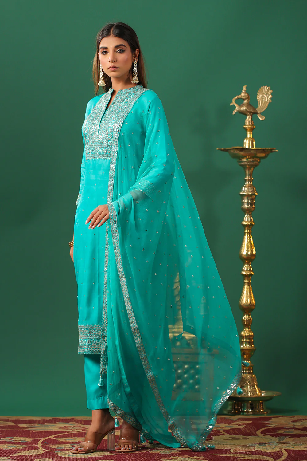 Turquoise Color Embroidered Silk Unstitched Suit Material - Image 3