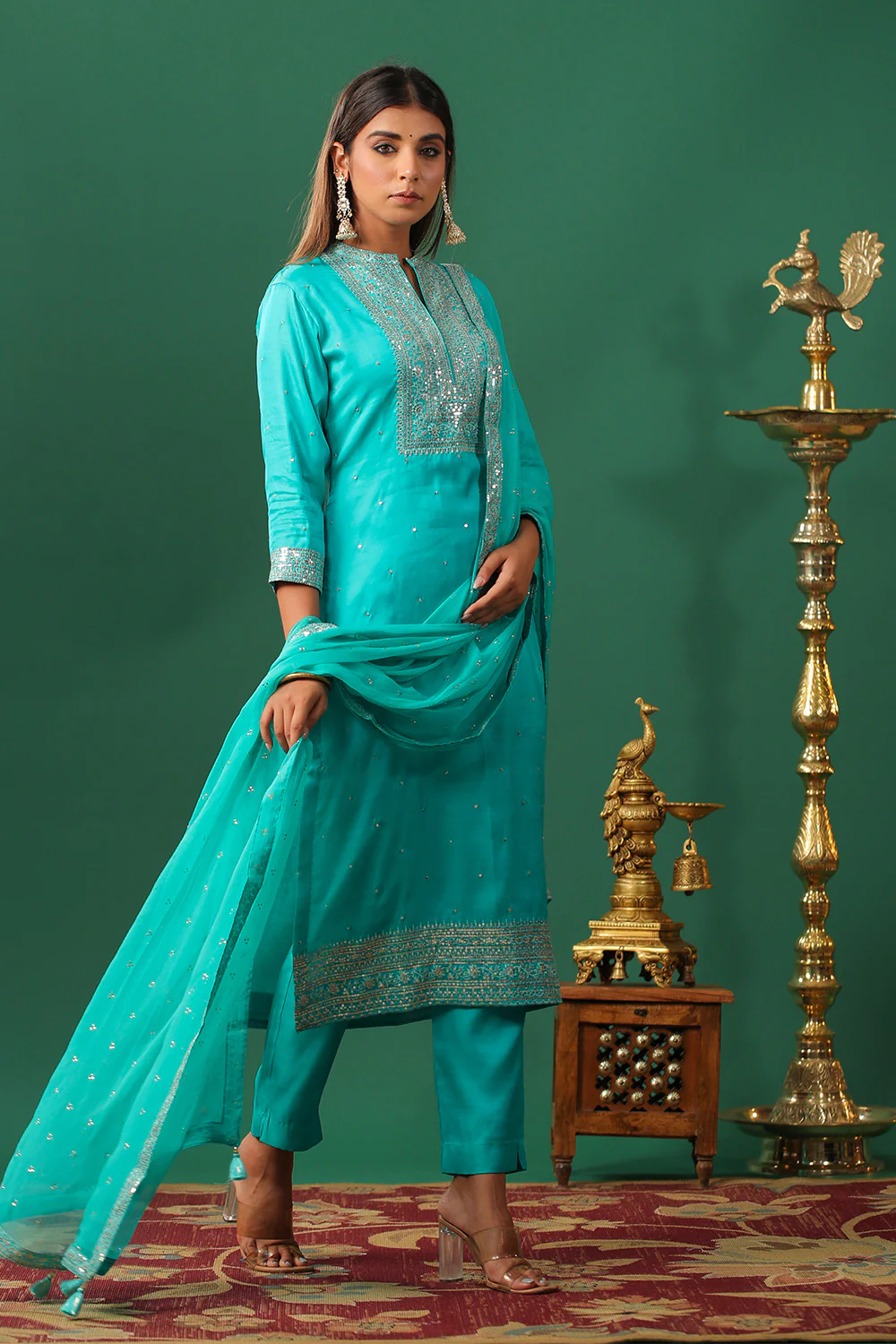 Turquoise Color Embroidered Silk Unstitched Suit Material - Image 4