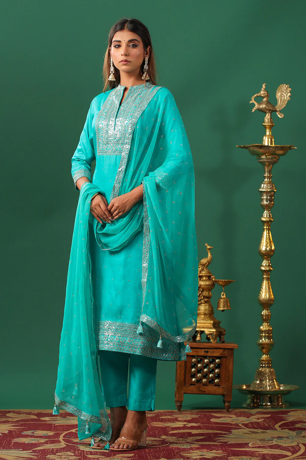 Turquoise Color Embroidered Silk Unstitched Suit Material - Image 5