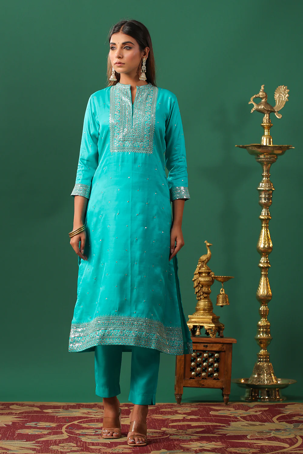 Turquoise Color Embroidered Silk Unstitched Suit Material - Image 6