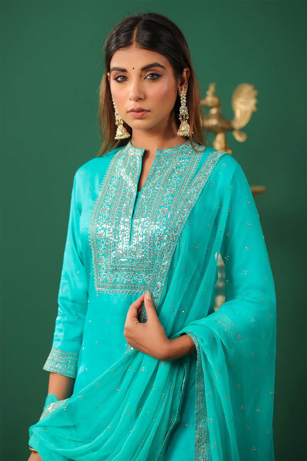 Turquoise Color Embroidered Silk Unstitched Suit Material - Image 7