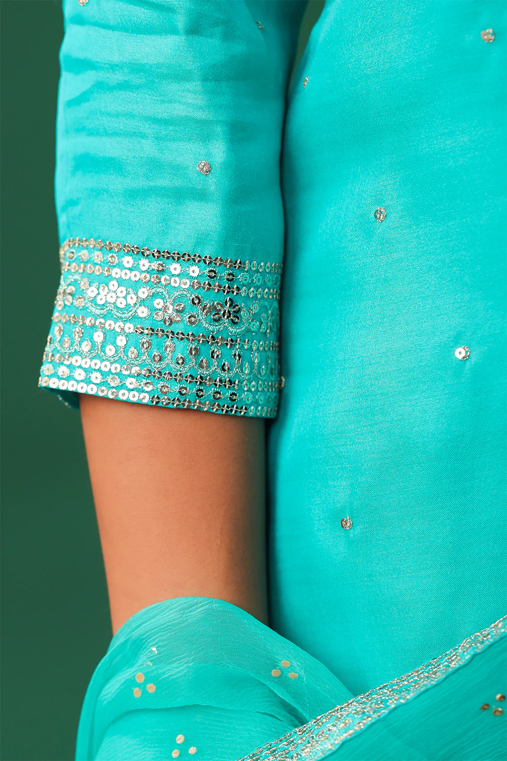Turquoise Color Embroidered Silk Unstitched Suit Material - Image 8