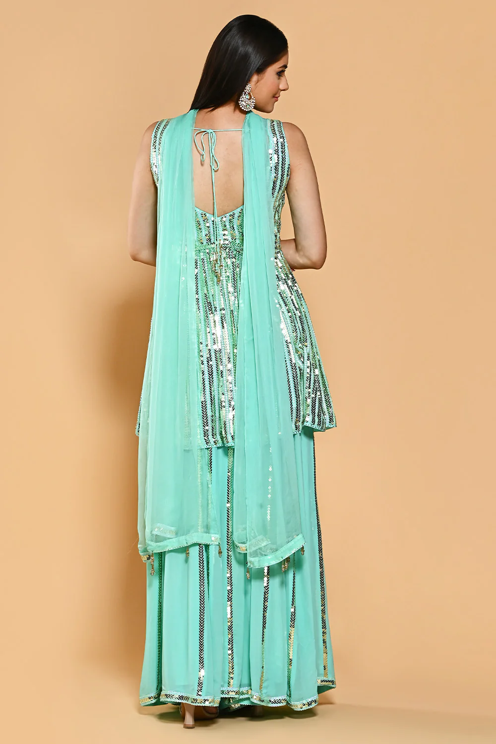 Turquoise Color Sequins Embroidered Georgette Peplum Sharara Suit - Image 3