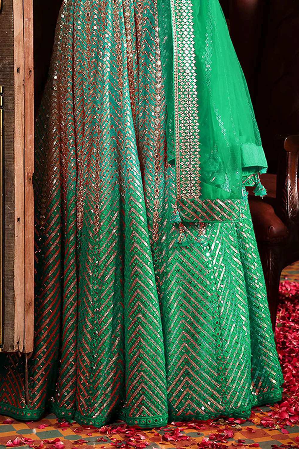 Turquoise colour Ombre Georgette Embroidered Lehenga. - Image 3