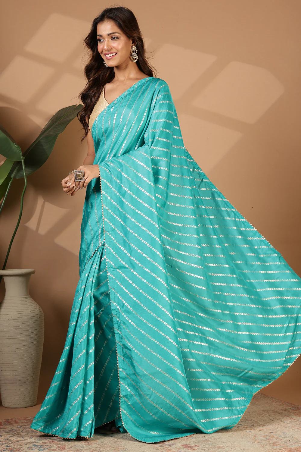 Turquoise Modal Silk Saree with Zari Pinstripes - Image 2
