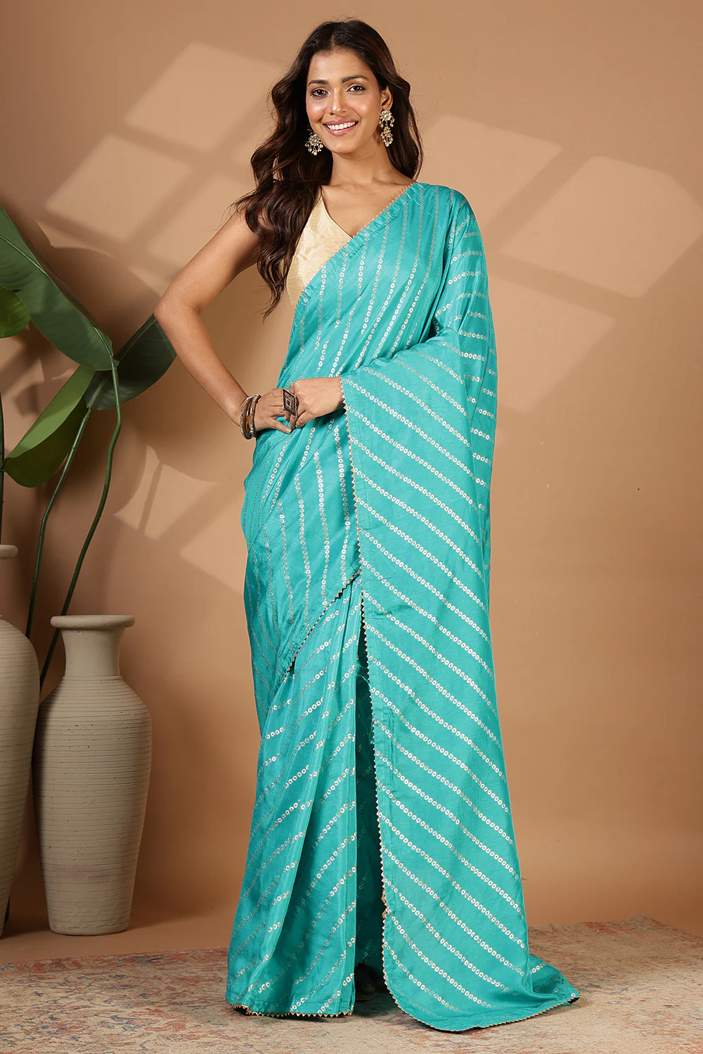 Turquoise Modal Silk Saree with Zari Pinstripes - Image 4