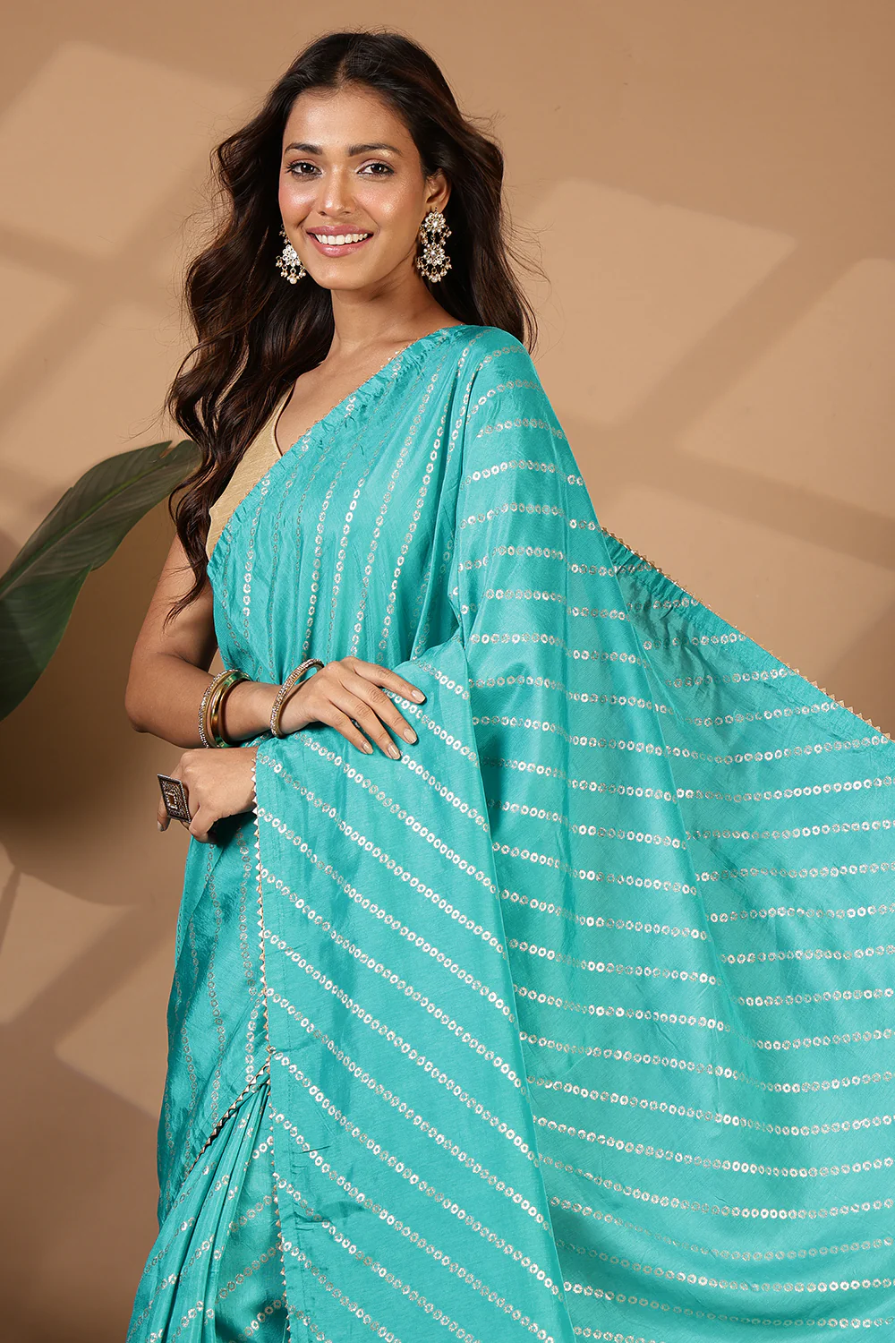 Turquoise Modal Silk Saree with Zari Pinstripes - Image 6