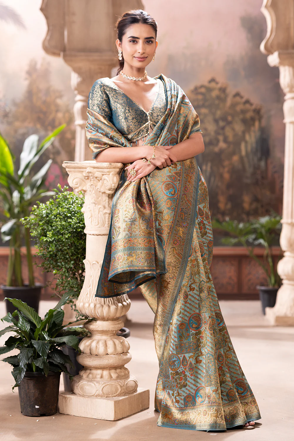 Turquoise Position Print Woven Silk Saree - Image 3