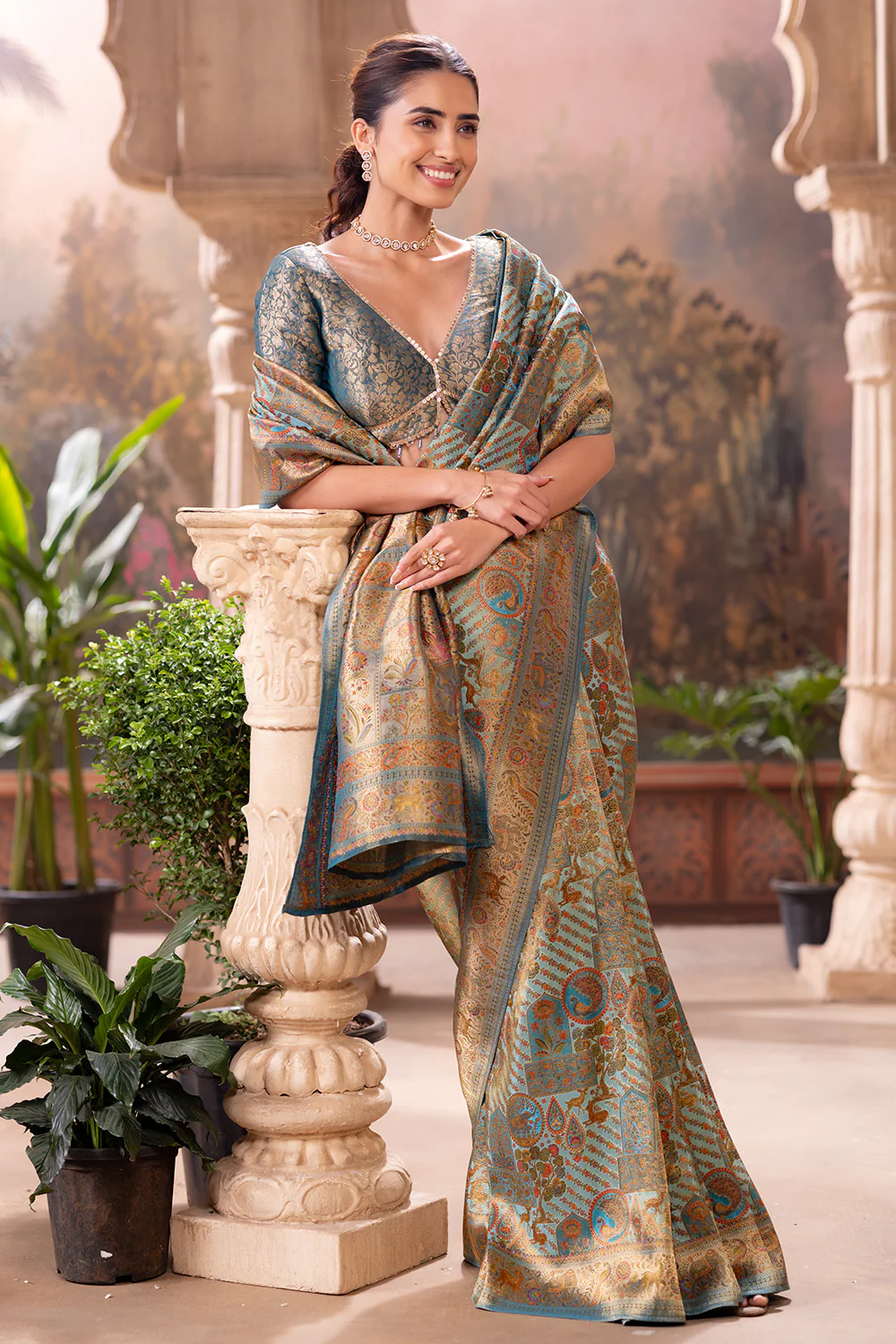 Turquoise Position Print Woven Silk Saree - Image 4