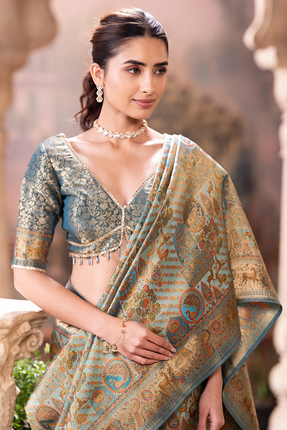 Turquoise Position Print Woven Silk Saree - Image 7