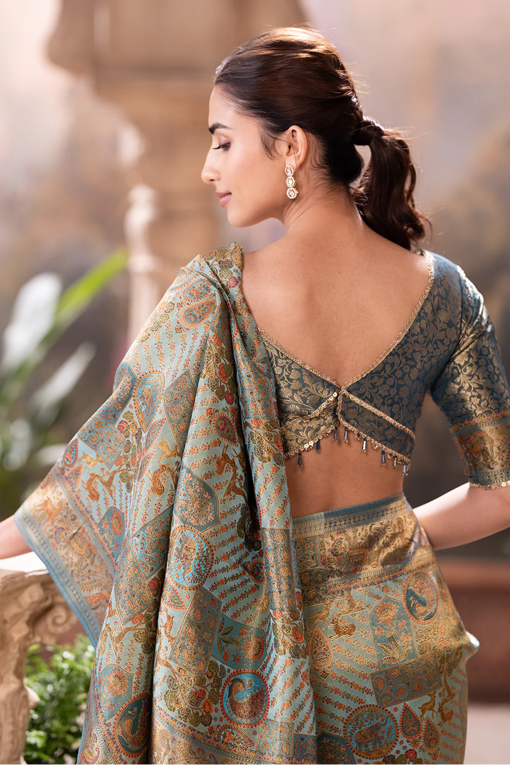 Turquoise Position Print Woven Silk Saree - Image 8
