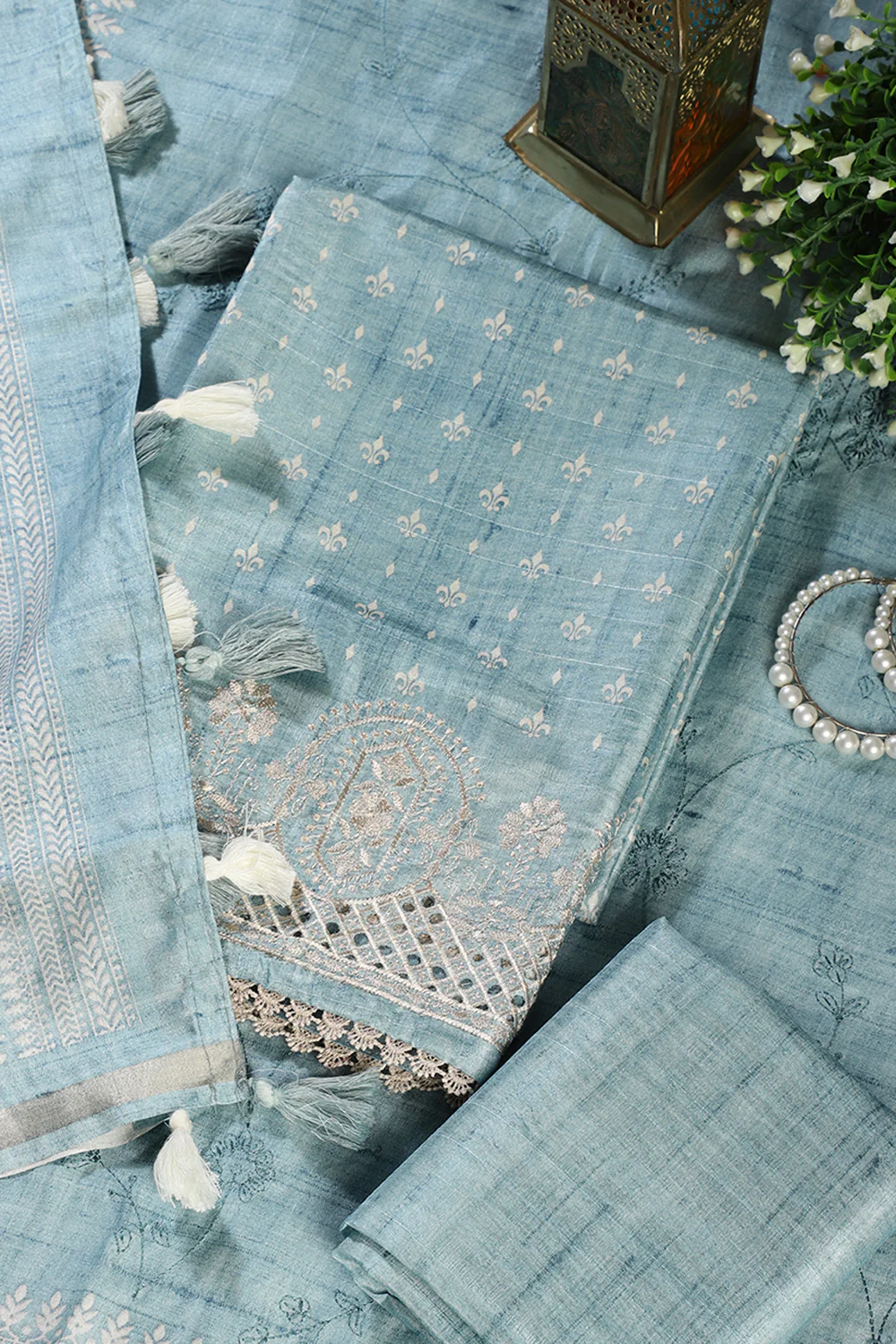 Turquoise Tussar Cotton Printed And Reham Embroidered Unstiched Suit Material - Image 3
