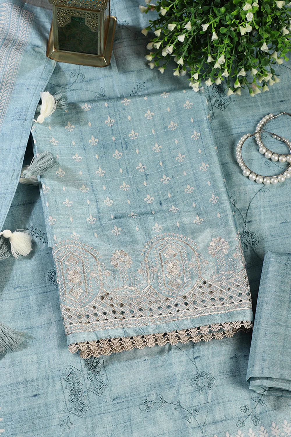 Turquoise Tussar Cotton Printed And Reham Embroidered Unstiched Suit Material - Image 4