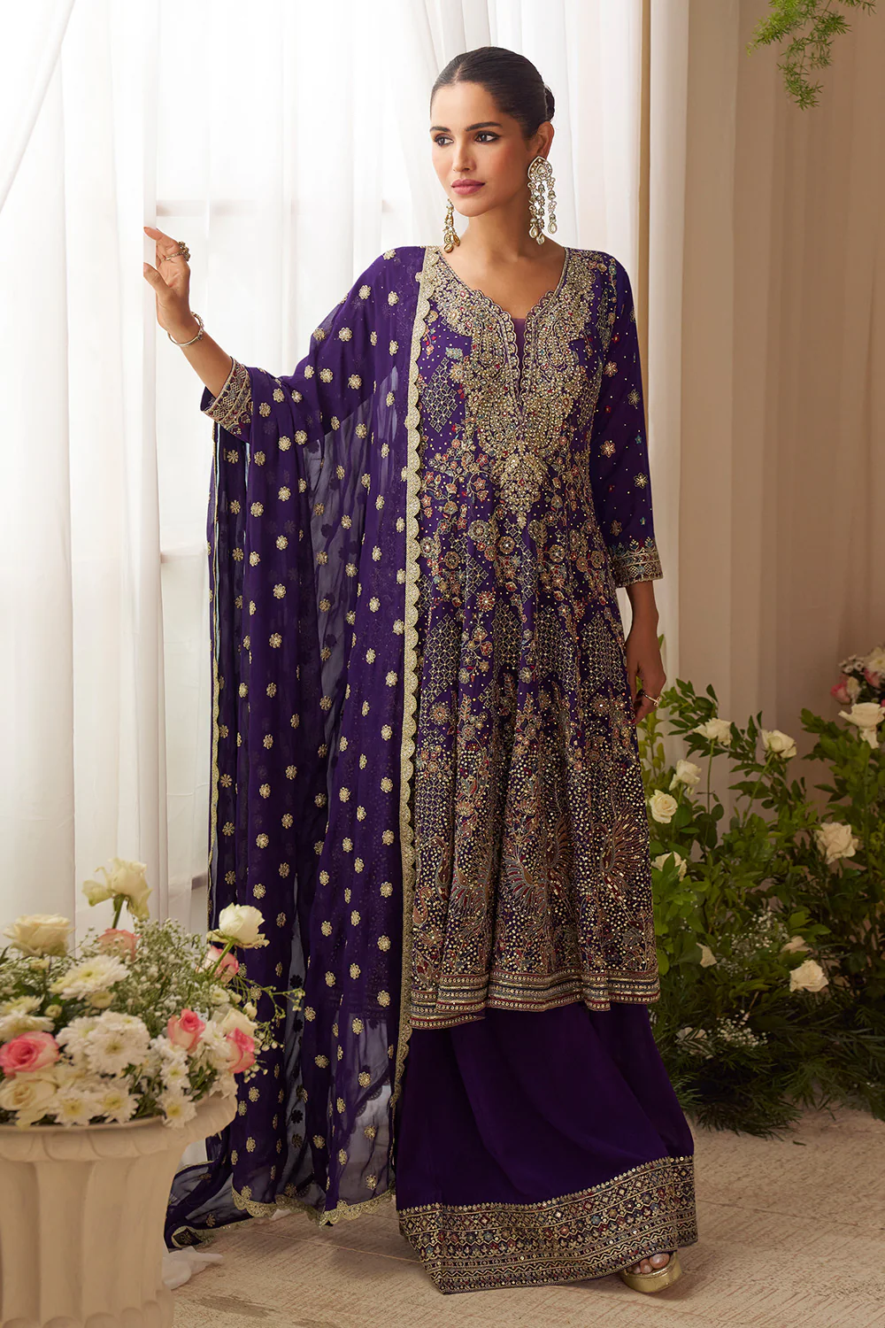 Voilet Georgette Zari And Sequins Embroidered Suit With Embroidered Palazzo - Image 2