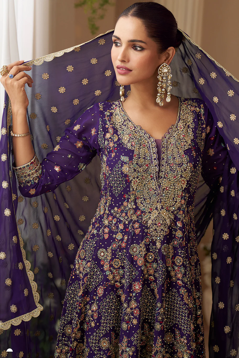 Voilet Georgette Zari And Sequins Embroidered Suit With Embroidered Palazzo - Image 3