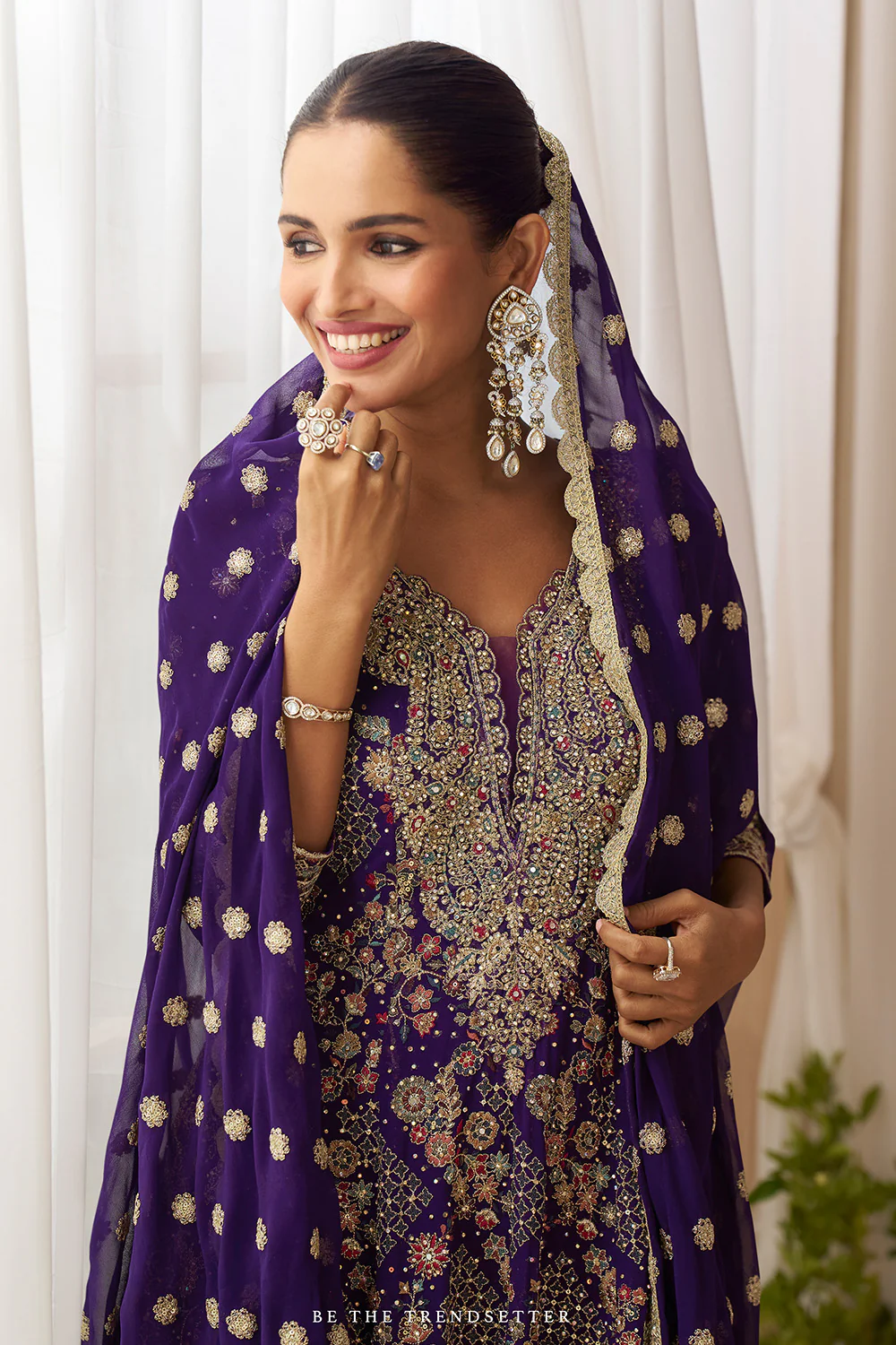 Voilet Georgette Zari And Sequins Embroidered Suit With Embroidered Palazzo - Image 4
