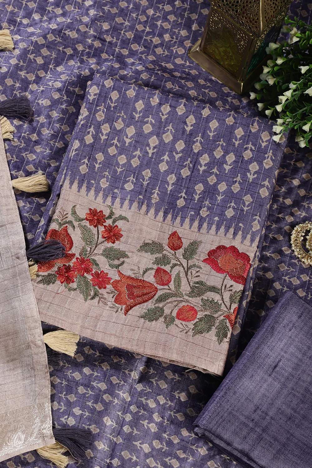 Voilet Tussar Cotton Printed And Floral Embroidered Unstiched Suit Material - Image 3