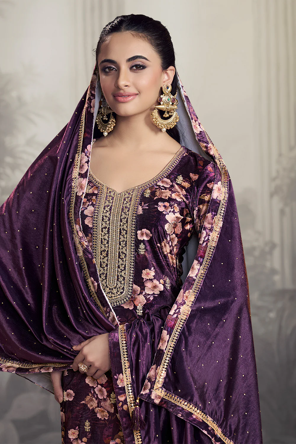 Violet Velvet Floral Printed And Embroidered Unstitched Suit Fabric - Image 2