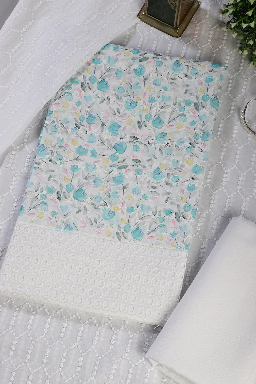 White & Blue Cotton Floral Printed and Resham Embroidered Unstitched Suit Material - Image 2