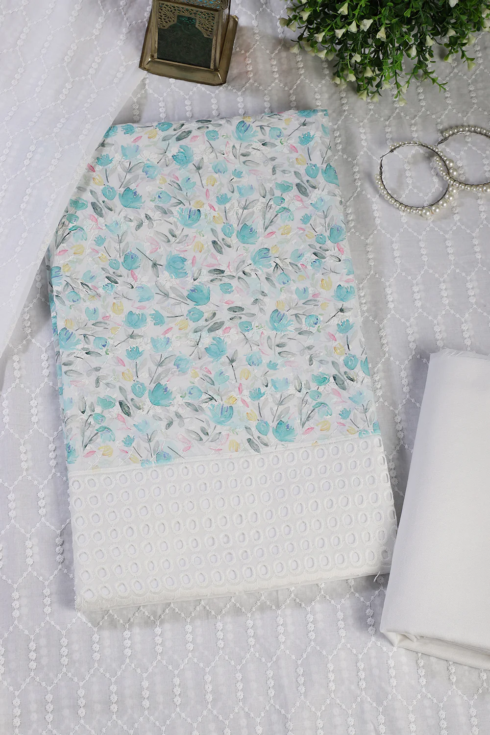 White & Blue Cotton Floral Printed and Resham Embroidered Unstitched Suit Material - Image 3