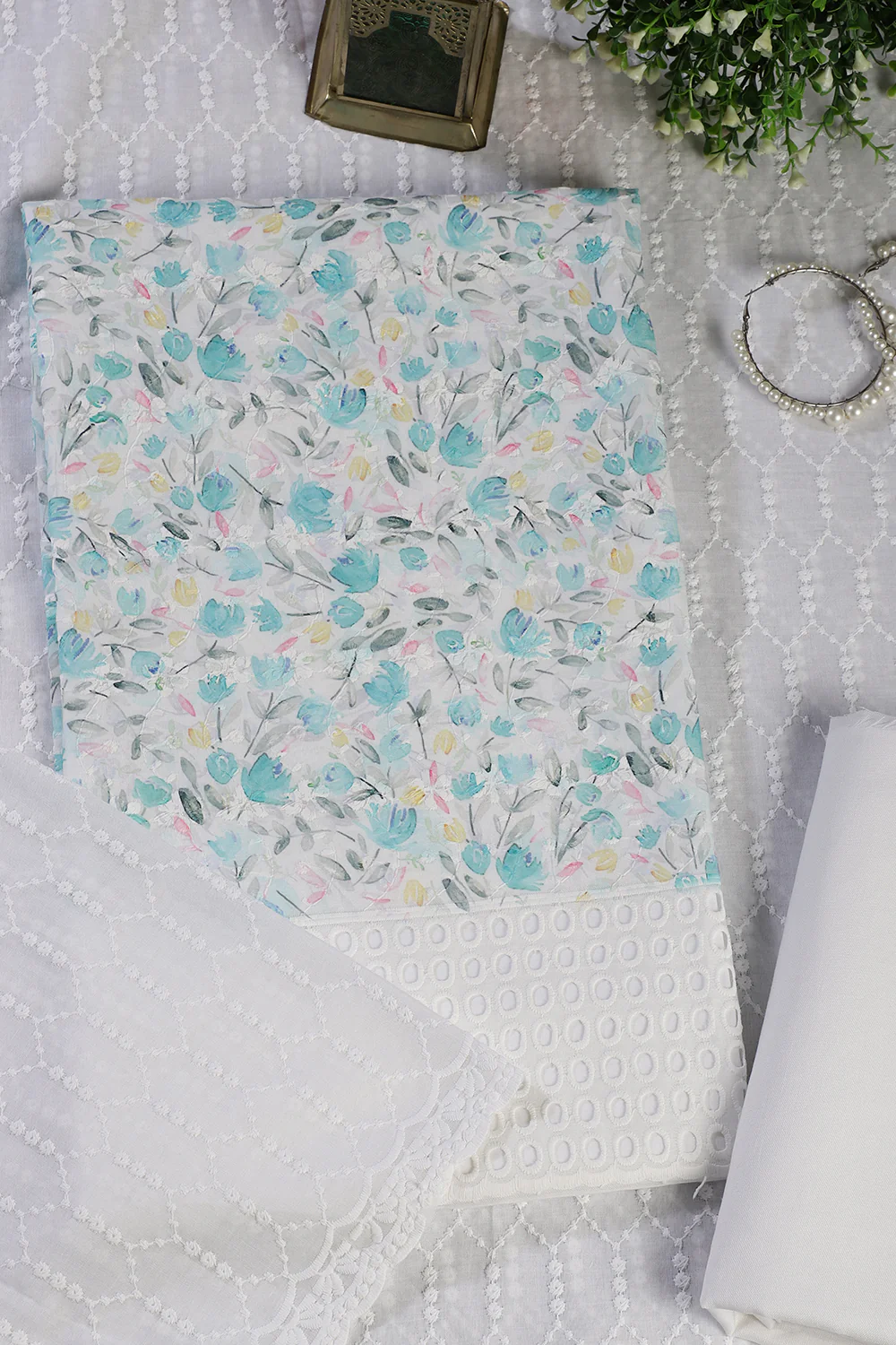 White & Blue Cotton Floral Printed and Resham Embroidered Unstitched Suit Material - Image 4