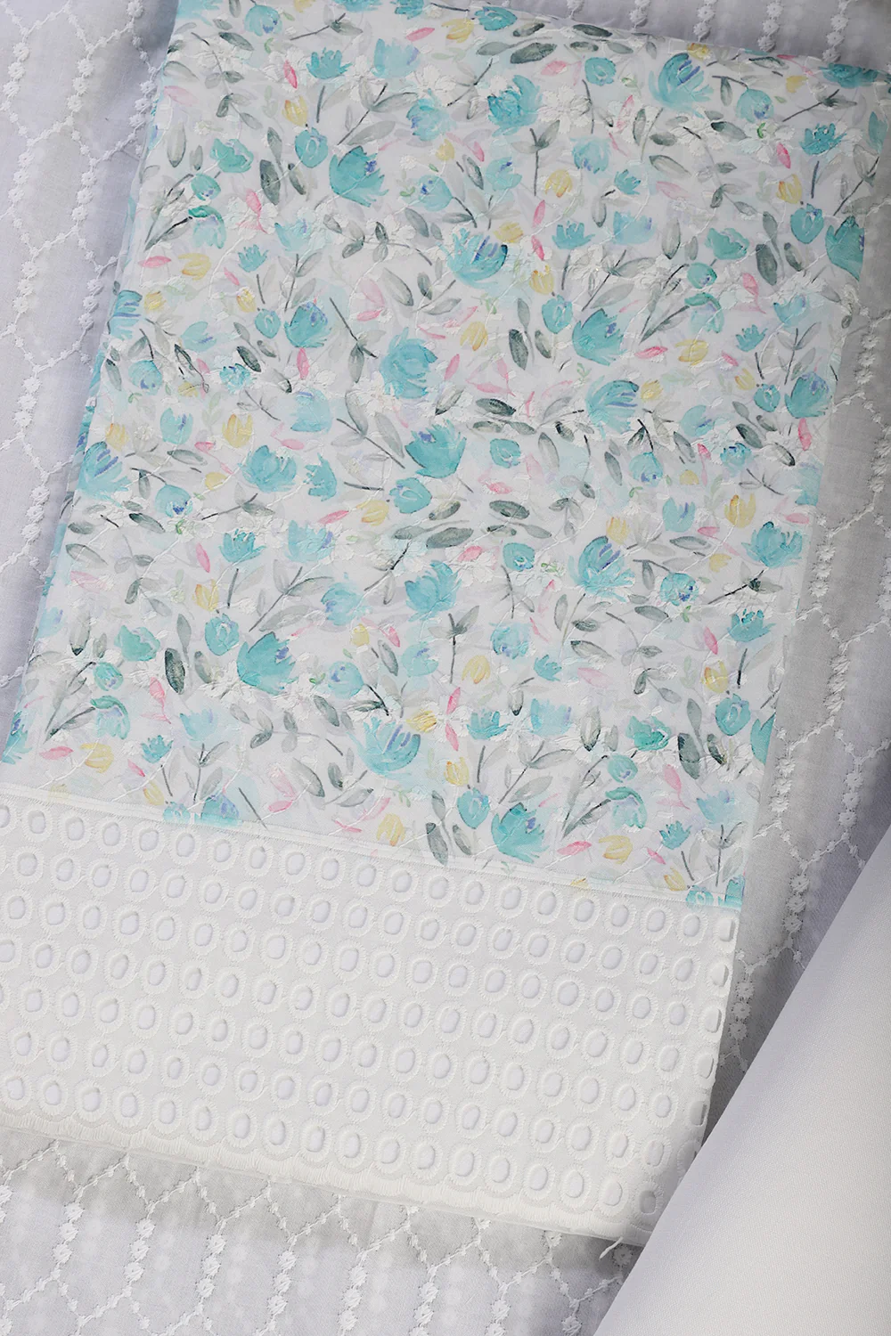 White & Blue Cotton Floral Printed and Resham Embroidered Unstitched Suit Material - Image 5