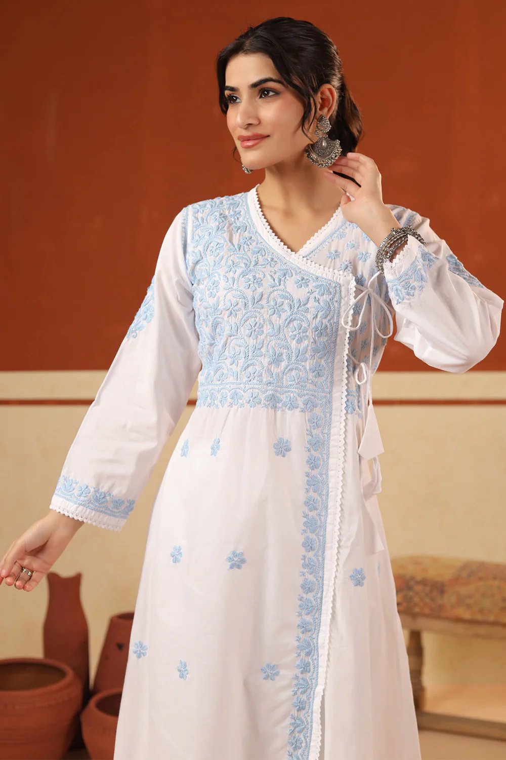 White & Blue Cotton Resham Embroidered Angrakha Style Kurta - Image 2