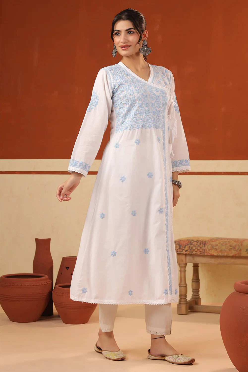 White & Blue Cotton Resham Embroidered Angrakha Style Kurta - Image 3